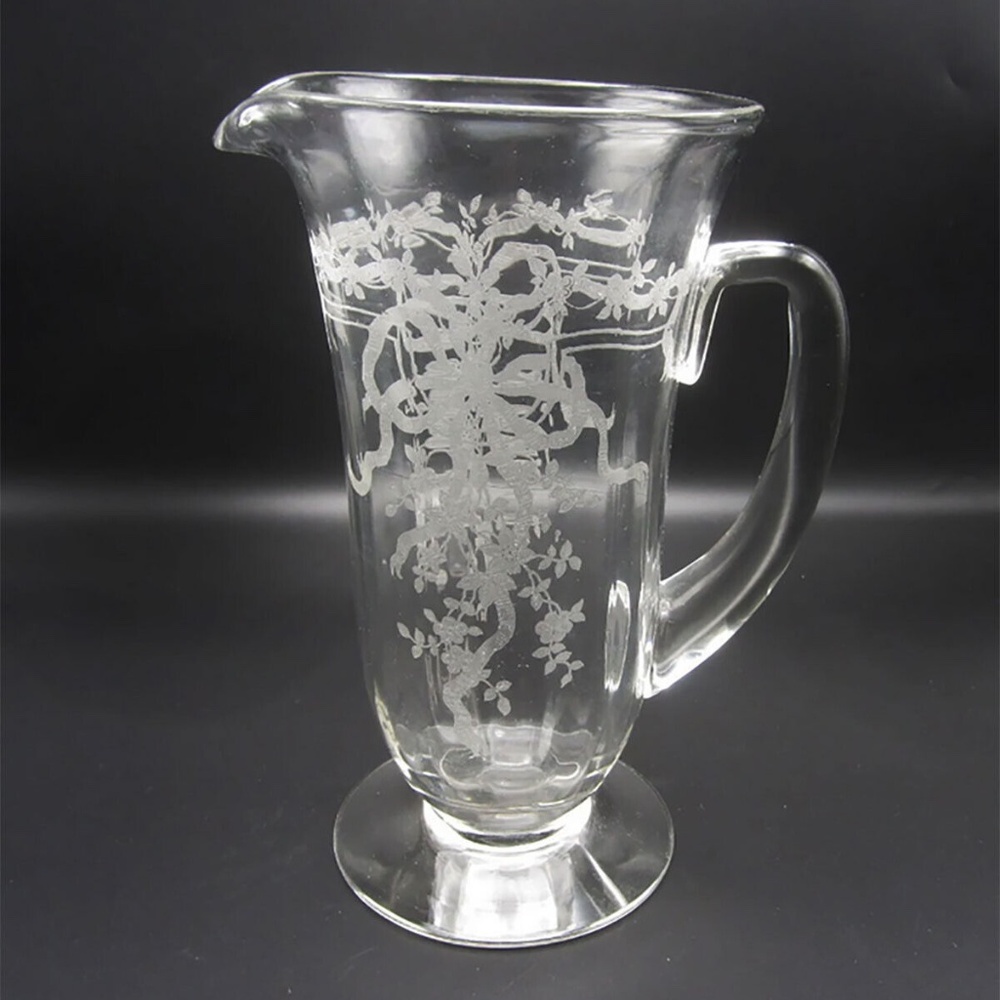 Fostoria "June" Pitcher ~ Antique Hand Blown ~Etched Flowers & Bows Spring